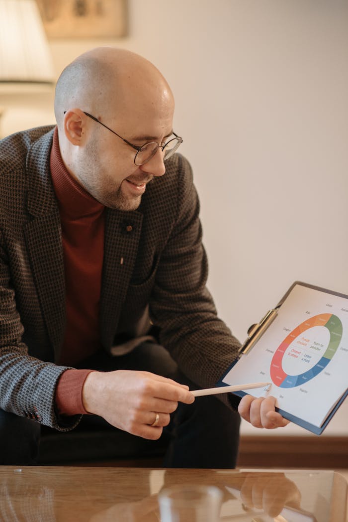 Businessman explaining a chart on a clipboard in an indoor setting. Professional and focused discussion.